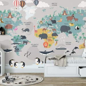 Weltkarte Tiere von Global Nursery Wallpaper, Kid Wallpaper, Schälen und Stick, Moderne Tapete, Grafische Tapete, Selbstklebende Tapete