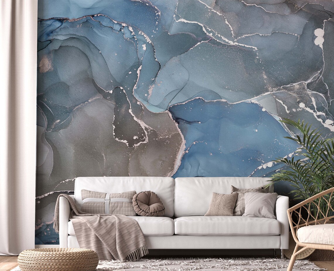 Living Room Dark Blue Golden Marble Wallpaper Peel and Stick - Etsy