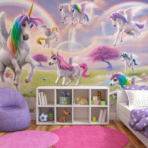 Mondo degli unicorni e simpatiche nuvole colorate corna carta da parati in vinile autoadesiva stacca e incolla decorazione murale decorazione scandinava rimovibile