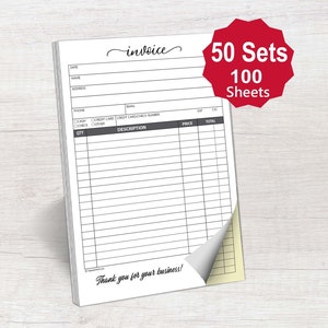 Invoice Receipts (Set of 50) - 5.5&quot; x 8.5&quot; Carbonless 2 part white and yellow copy forms NCR