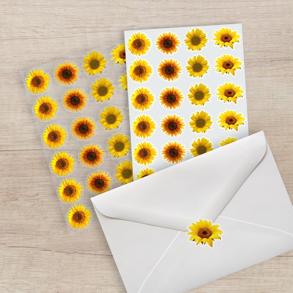Sunflower Envelope Seal Stickers | Sunflower Planner Stickers | Clear or White | Mailing Labels |  Botanical Stickers | Flower Stickers
