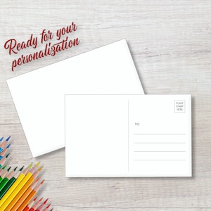 May include: Blank postcard with a white front and a back with a place for a stamp and an address. The text "Ready for your personalization" is written in red on the front of the postcard.