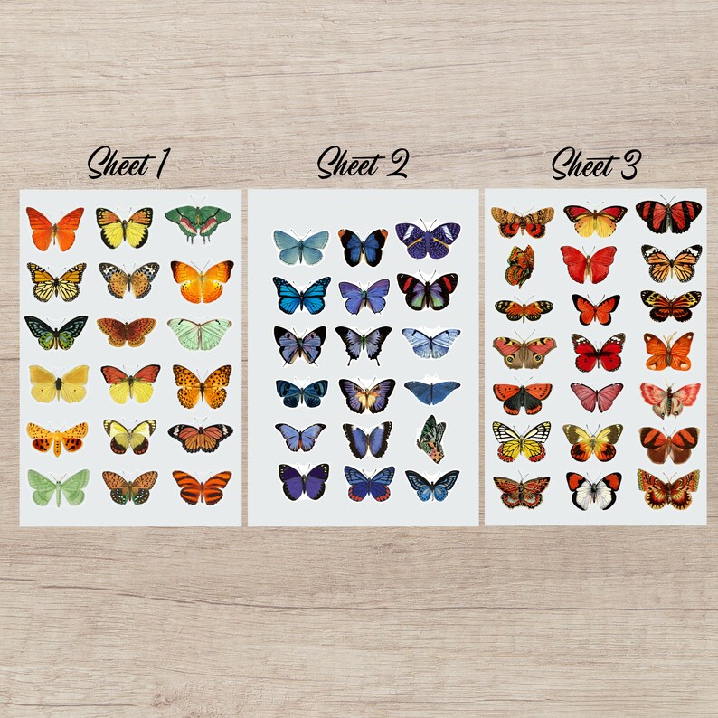May include: Three sheets of butterfly stickers in various colors, including orange, yellow, blue, and red. Each sheet is labeled with the word "Sheet" followed by a number. The stickers are arranged in rows and columns.