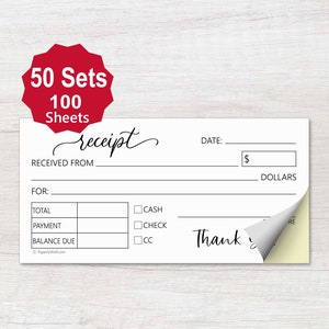 Cute Receipts (Set of 50) - 2.75&quot; x 5.5&quot; Carbonless 2 part white and yellow copy forms