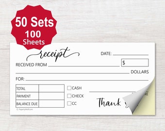 Cute Receipts (Set of 50) - 2.75" x 5.5" Carbonless 2 part white and yellow copy forms