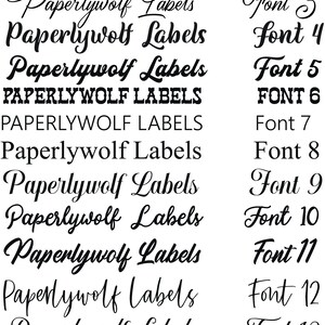 May include: A visual comparison of 15 different fonts for the text "Paperlywolf Labels". The fonts range from cursive to bold and blocky.