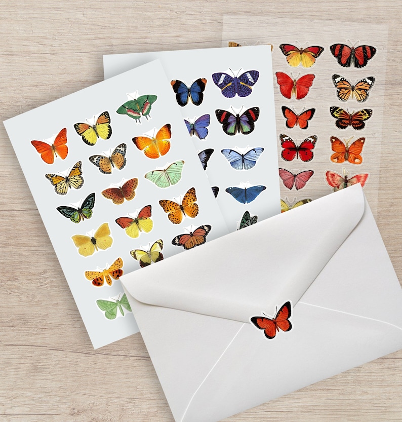 May include: Sheets of butterfly stickers in various colors, including orange, yellow, blue, and red. A white envelope with a single orange butterfly sticker is also present. The stickers are arranged on a light blue background.