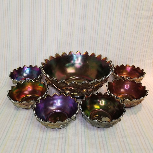 1910s Northwood Acorn Burrs Berry Bowls Master & Individual Sauces 7pc Set Amethyst Carnival Glass Iridescent Peacock Antique Vintage