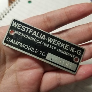 Vintage VW Volkswagen Camper Van Serial Tag Emblem Westfalia-Werke-K-G Wiedenbrück Germany Campmobile
