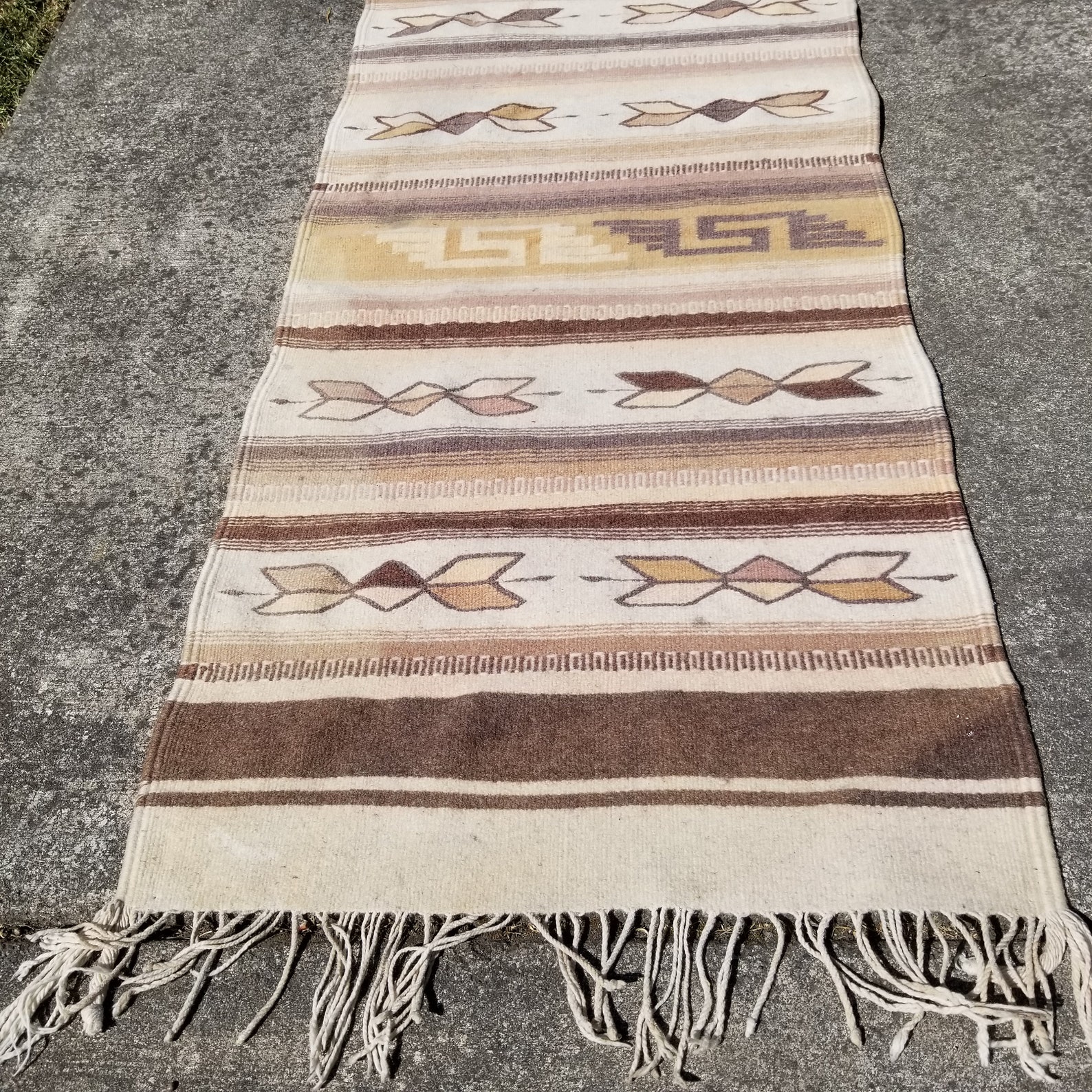 Vintage Navajo Rug Runner Wool Fringe Glands Cream Brown Tan Etsy