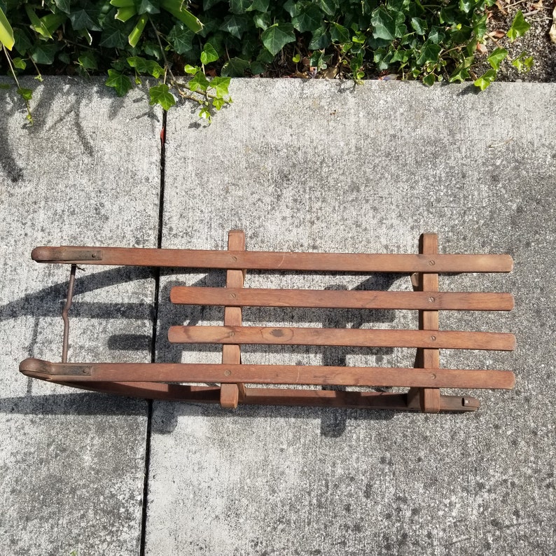 Antique Swiss Davos Sled Wooden Metal sledge Toboggan Primitive Winter