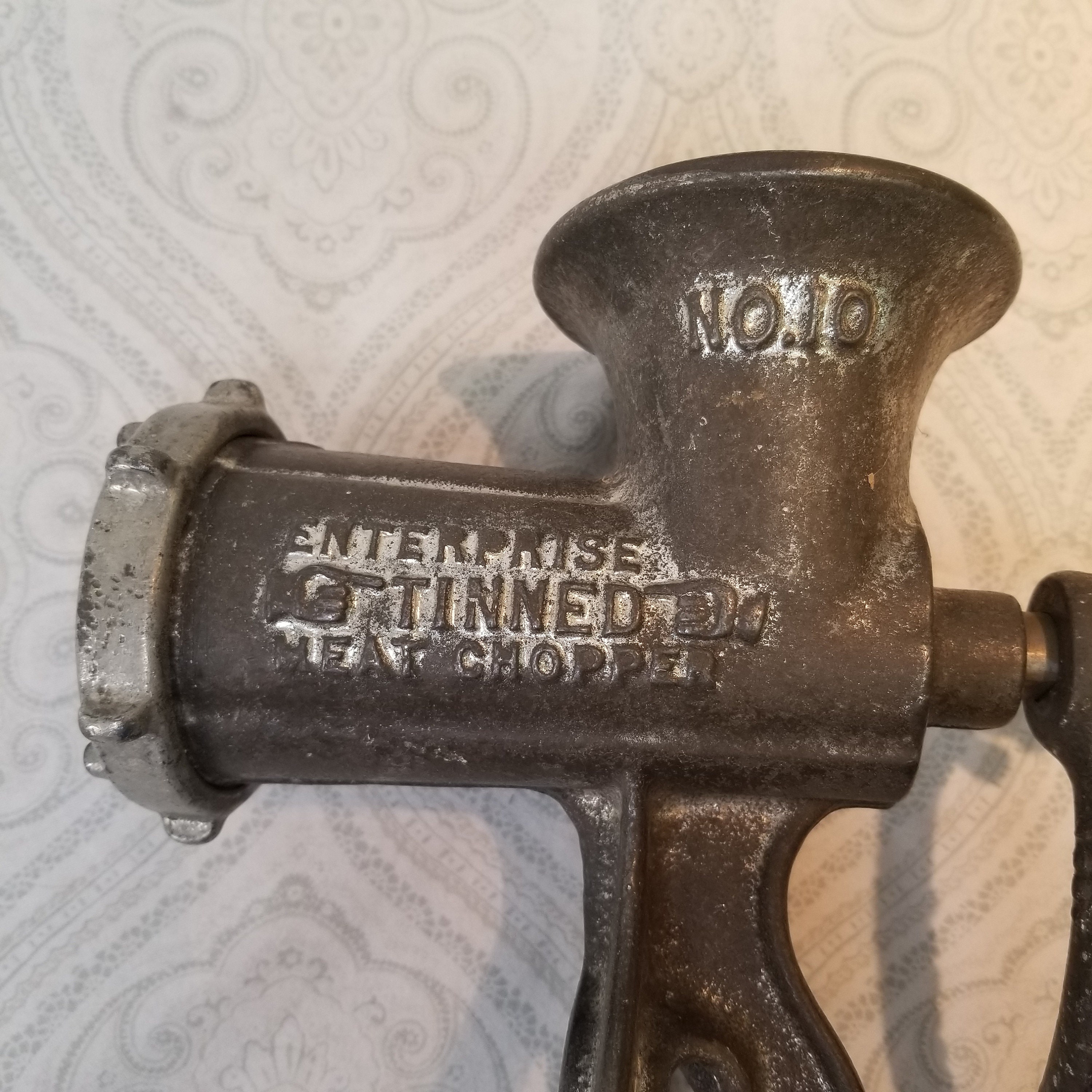 Antique Enterprise Tinned Meat Chopper Grinder No. 10 Cast Iron Table