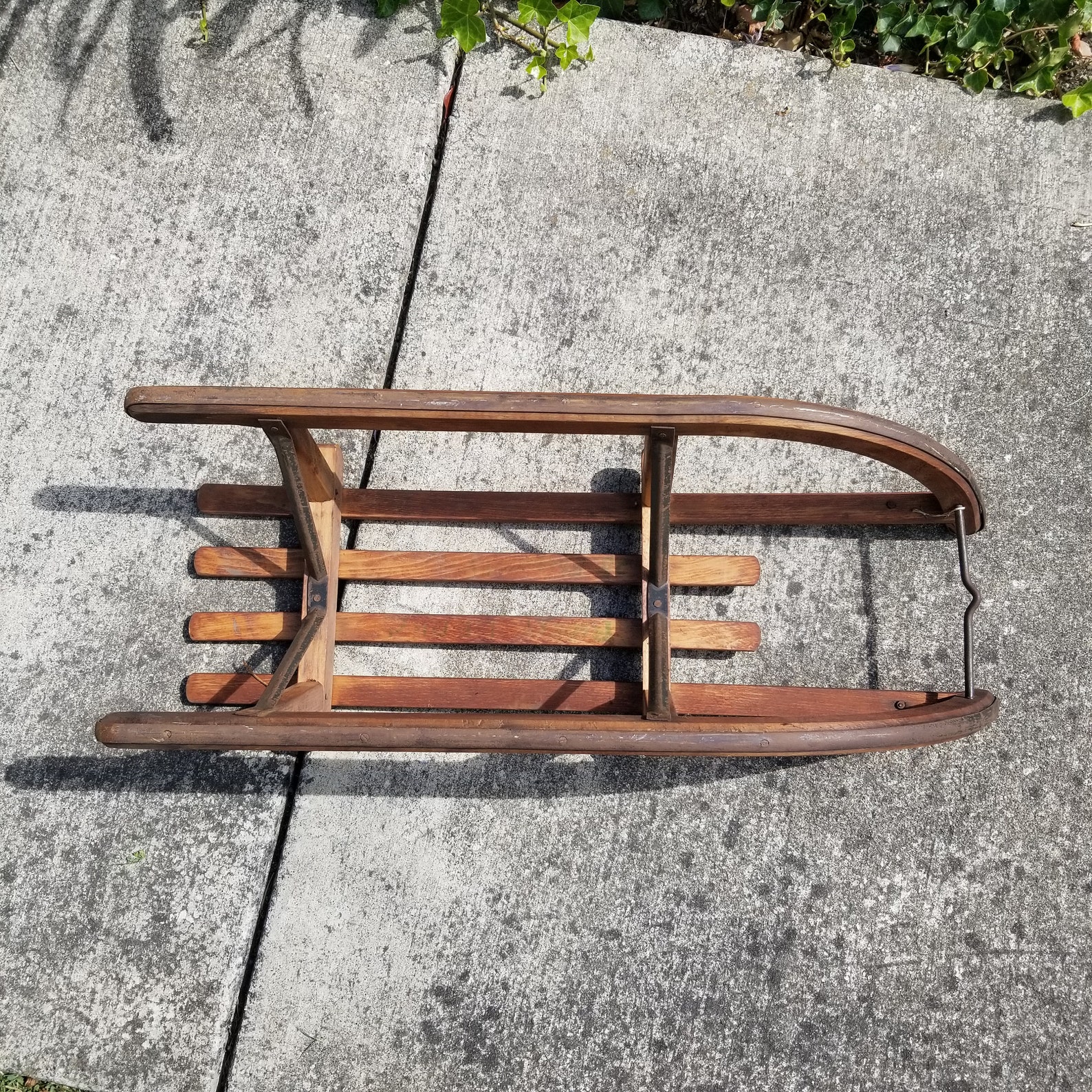 Antique Swiss Davos Sled Wooden Metal sledge Toboggan Primitive Winter