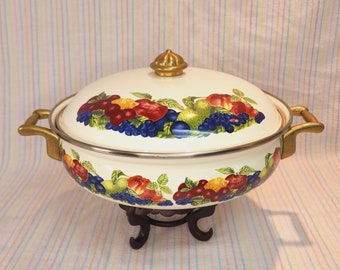 Vintage Lincoware "Orchard Royale" Covered Buffet Server Porcelain on Steel Fruit Motif Brass Handles Lidded Pot Enamelware