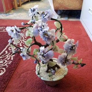Vintage Chinese Jade Jadeite Carved Purple Green Flowering Faux Potted Plant Tree Midcentury ? Indoor Houseplant