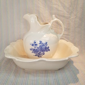 Vintage Ceramic White Blue Floral Transferware Large Bathroom Water Pitcher + Oblong Wash Basin Signed ME 1977 Farmhouse Shabby Chic Cottage