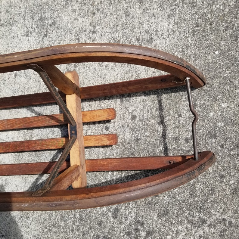 Antique Swiss Davos Sled Wooden Metal sledge Toboggan Primitive Winter
