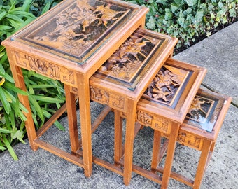 Midcentury Vintage Lightweight Wood Carved Chinese 4pc Nesting End Side Plant Tables Glass Tops Asian Décor Furniture