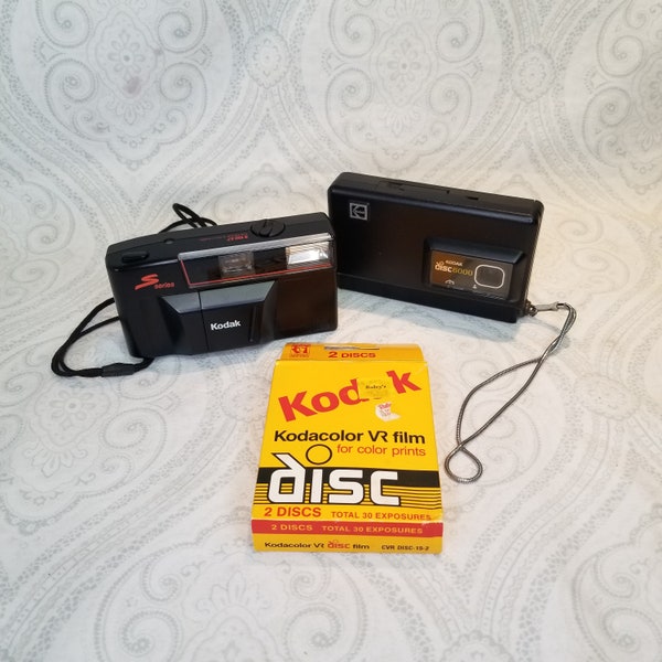 Vintage Kodak Camera Pair 35mm S100EF S Series Electronic Flash & Disc 6000 w/ 1 Kodacolor VR Fil Color Prints 30 Exposures