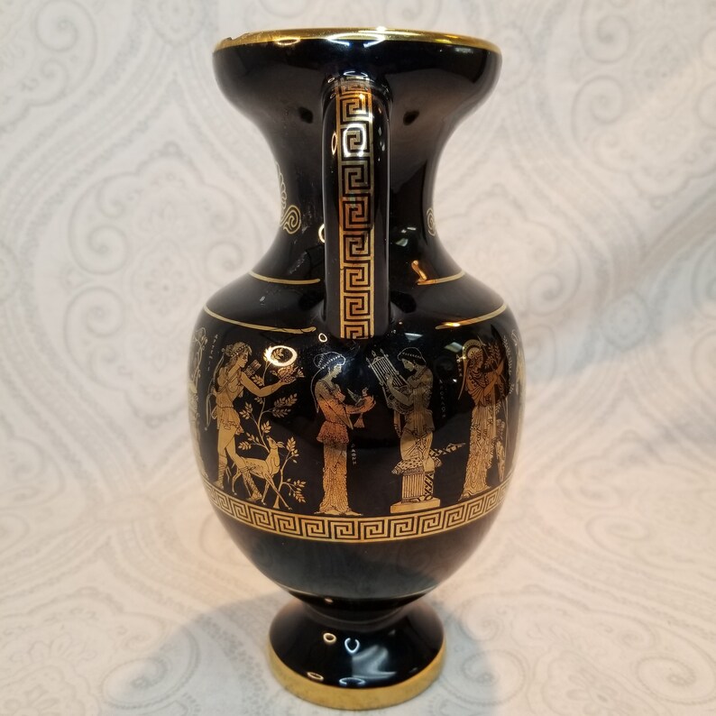 Vintage 1960s I. Spyropoulos ST Greek Black Urn Handled Pottery Vase