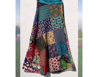 Handmade Patchwork Wrap Skirt: Midi Length. Funky, Hippy Festival Summer Holiday Skirt. Free Size. Fabulously Colourful. Boho Hippy Chic.