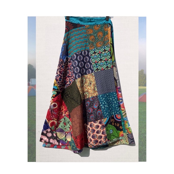 Handmade Patchwork Wrap Skirt: Midi Length. Funky, Hippy Festival Summer Holiday Skirt. Free Size. Fabulously Colourful. Boho Hippy Chic.