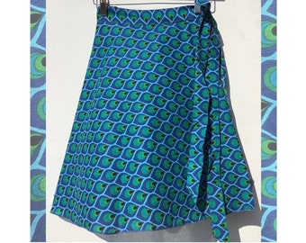 Short Boho Wrap Skirt: Handmade in Fab Cotton Peacock Print. Summer Holiday/Festival Skirt. Free Size. UK Size 6 - 14. Hippy Chick.