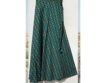 Long Maxi Wraparound Skirt: Boho Hippy. Handmade in a Beautiful Fine Cotton with Greens & Black Background Print. Free Size.