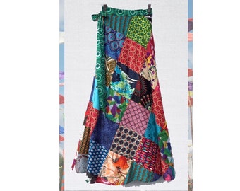 Handmade, Long, Maxi, Boho, Patchwork, Wrap Skirt: Funky, Hippy Chick, Festival Skirt. Free Size
