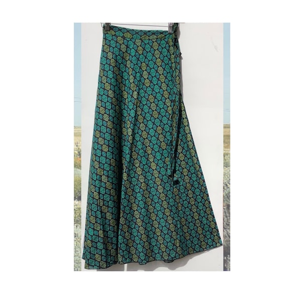 Long Maxi Wraparound Skirt: Boho Hippy. Handmade in a Beautiful Fine Cotton with Greens & Black Background Print. Free Size.