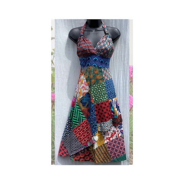 Stunning Halter Neck Patchwork Wrap Dress; Handmade in an array of beautiful patchwork prints. A Super Boho Hippy Chick Beauty