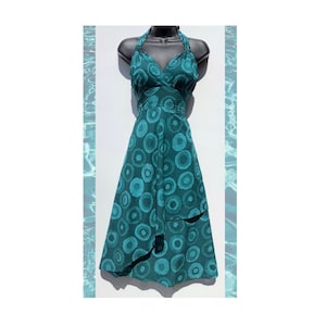 Boho Halter Neck Wrap Dress; Handmade in a Peacock Blue/Green Fine Cotton Circle Print. Summer Holiday Beach Festival Dress. Hippy Chic