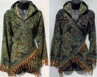 Handgemaakte Paisley Crossover Wrap / Jas / Vest met capuchon. Boho. Hippie. Festivalmode. Pixie. X/S 6 - 8, S/M 10 - 12 & L/XL 12 - 14 VK