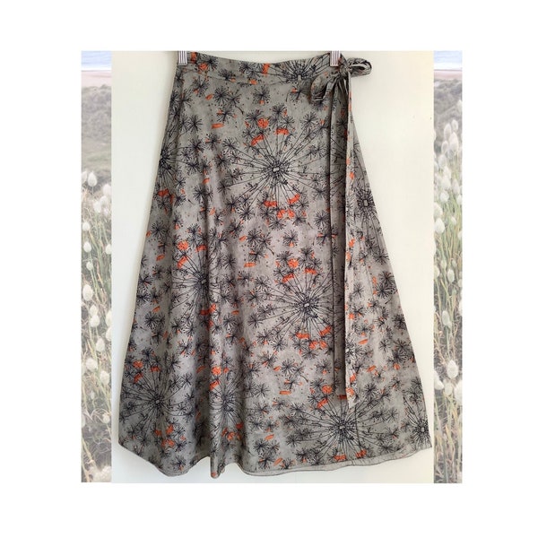 Handmade Wrap Skirt Midi Length. Handmade in Cool Cotton Dandelion Print: Grey or Petrol Green. Free Size. Boho Hippy. Summer Holiday.