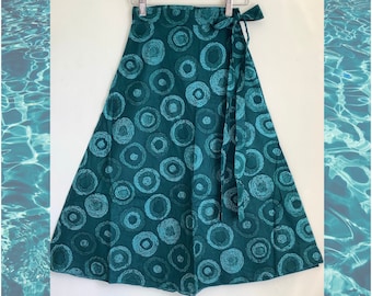 Wrap Skirt Midi Length. Handmade in Cool Cotton Petrol Green or Indigo Black Circle Print. Free Size. Summer Holiday / Beach Wear. Boho