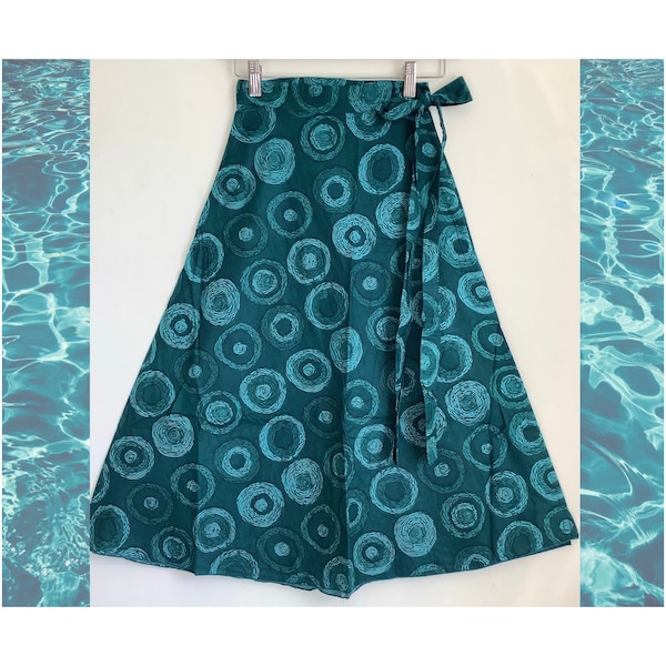 Wrap Skirt Midi Length. Handmade in Cool Cotton Petrol Green or Indigo Black Circle Print. Free Size. Summer Holiday / Beach Wear. Boho