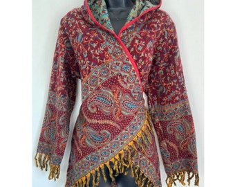 Handmade Paisley Hooded Crossover Wrap / Jacket / Cardigan. Red. X/S 6 - 8 UK, S/M 10 - 12 Uk, L/XL 12 - 14 Uk