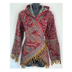 Handmade Paisley Hooded Crossover Wrap / Jacket / Cardigan. Red. X/S 6 - 8 UK, S/M 10 - 12 Uk, L/XL 12 - 14 Uk