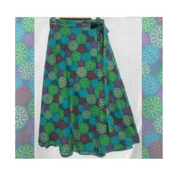 Cotton Wraparound Skirt Midi Length. Handmade in Floral Design Print in Black/Blue/Teal-Green Free Size. 8 - 14. Casual Wear. Boho Hippy