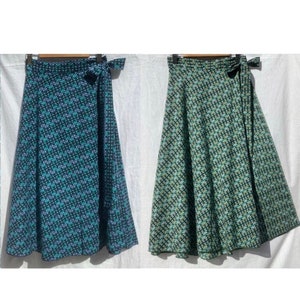 Handmade Wrap Skirt. Midi Calf Length. Handmade & Handprinted in Fine Cotton. Blues and Greens. Summer / Holiday / Beach Wear. Boho Hippy.