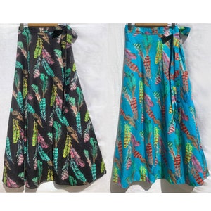 Long Maxi Wrap Skirt: Boho Hippy. Handmade in a Gorgeous Fine Cotton Print with Feathers in a Blue or Black. 8 - 14 UK Free Size