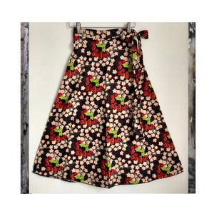 Wrap Skirt Midi Length. Handmade in Cool Cotton Vintage Turquoise, Black Flower Print. Free Size. Summer Holiday or Beach Wear. Boho Hippy