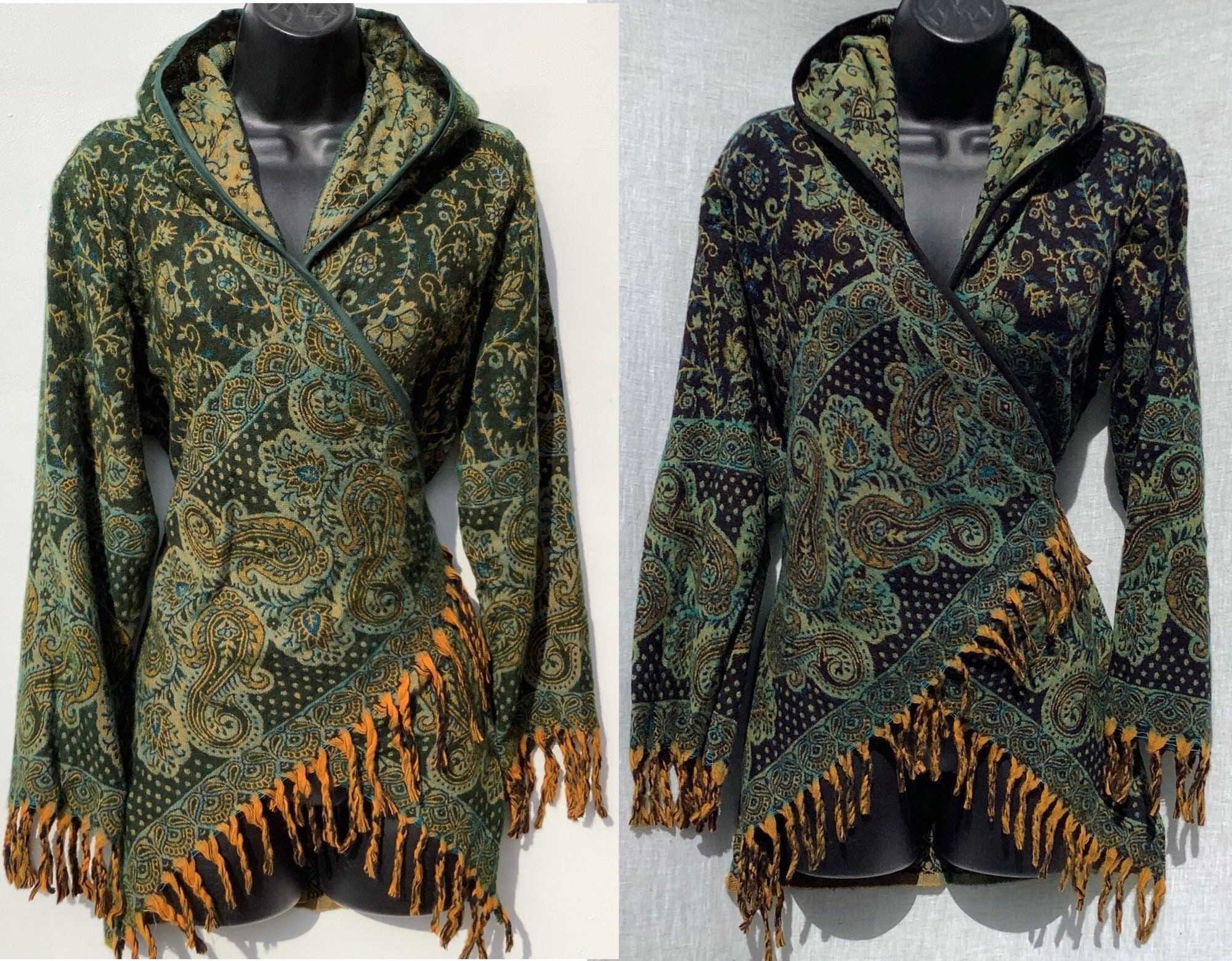 Handmade Paisley Hooded Crossover Wrap / Jacket / Cardigan. Boho. Hippy. Festival Fashion. Pixie. X/S 6 - 8, S/M 10 - 12 & L/XL 12 - 14 UK