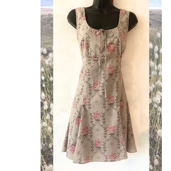 Pretty, Handmade, Summer Dress with a Round Neck in a Cool, Cotton Print with Pink flowers on Grey. Vintage Style Print. Boho Look.