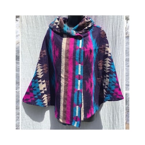 Short Poncho with Hood. Super Soft Wool Mix. Aztec Pattern Hoodie. 5 Colours. Free Size Wrap. Boho.Fun. Ethnic. Festival. Hippy. Pixie.
