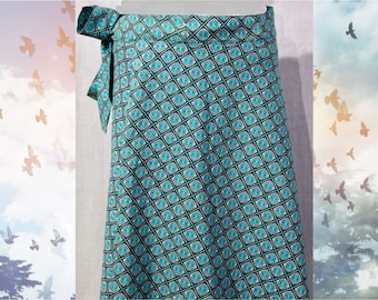 Summer Wrap Skirt Midi Length. Handmade in Cool Cotton Turquoise, Brown/Blue or Pink Diamond Print. Free Size. Holiday or Beach Wear. Boho