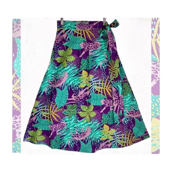 Boho Wraparound animal Jungle Skirt Midi Length. Handmade in Beautiful Poplin Cotton. Free Size. Easy to Wear.
