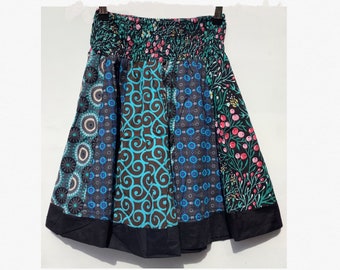 Boho Hippy Short Patchwork Skirt: Handmade Fine Cotton Funky, Summer Festival Skirt. Free Size. Fabulously Colourful. Hippy Chic.