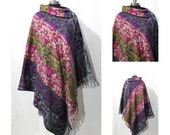 Gorgeous Long Handmade Pink Green Poncho with Collar in Soft Wool Fabric. Boho. Hippy. Cosy Warm. One Size UK 10 - 20.