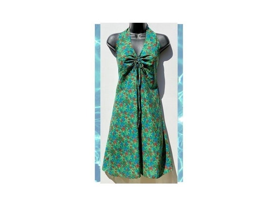 Boho Hippy Halter Neck Summer Dress with Ruched V Neckline Handmade in A Tropical Floral Crinkle Cotton. Deep Blue or Aquamarine. Casual.